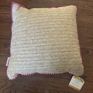 C&C California Home Straw Like Pillow Pink Trim 20x20 Indoor Outdoor Boho Decor